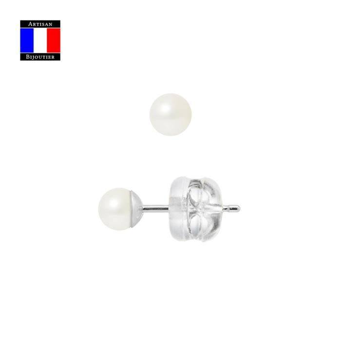 Compagnie Générale des Perles - Boucles d'Oreilles Véritable Perle de Culture 4-5 mm Or Blanc 18 Cts Système Sécurité - Bijou Femme