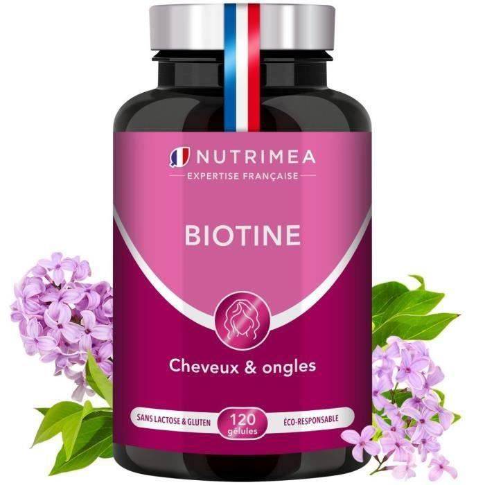 Biotine • Complément Alimentaire pour la pousse des cheveux, des ongles • Fabrication Française • 120 Gélules Végétales - Nutrimea