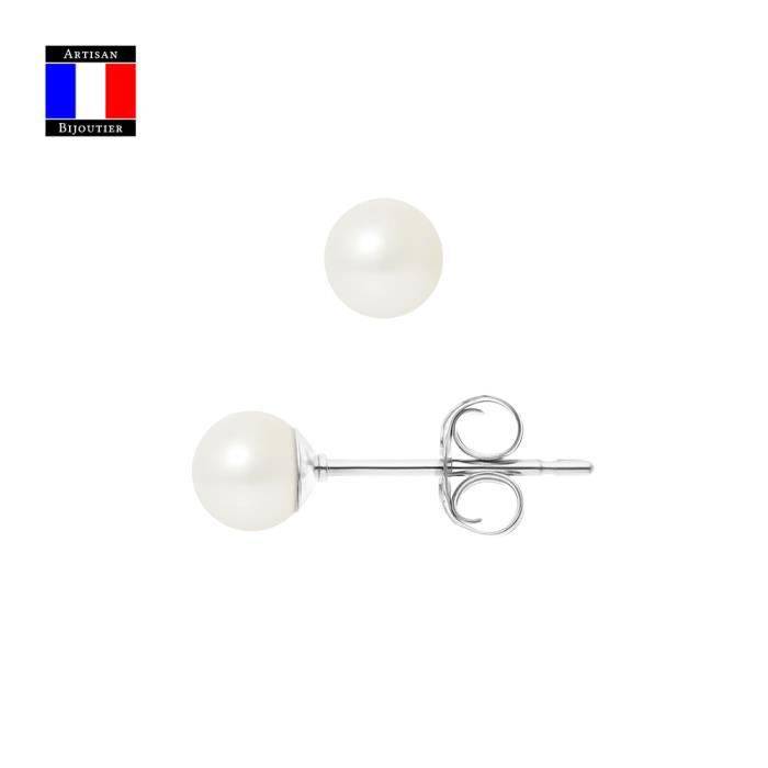 Compagnie Générale des Perles - Boucles d'Oreilles Véritable Perle de Culture 5-6 mm Or Blanc 18 Cts Système Sécurité - Bijou Femme