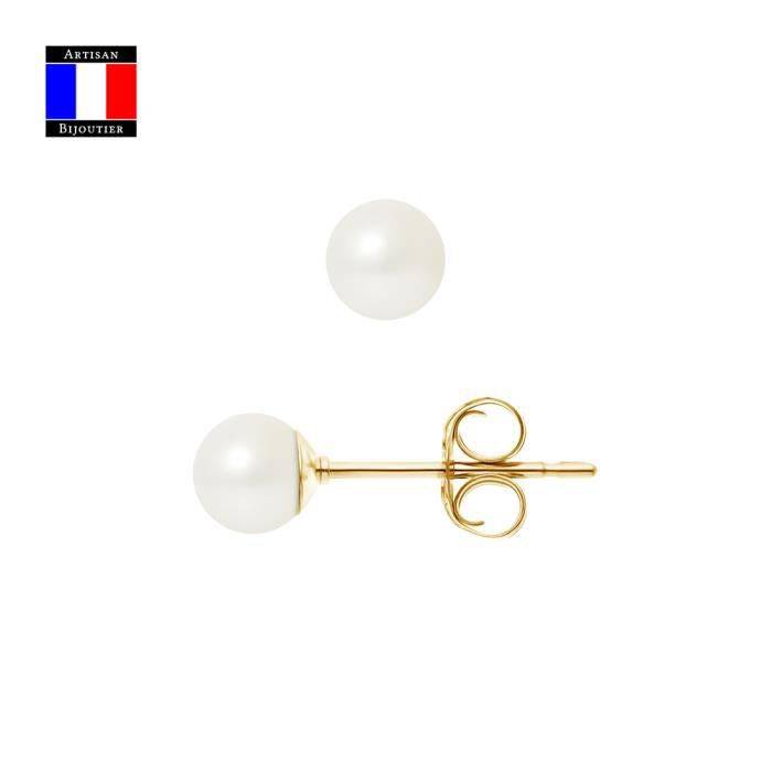 Compagnie Générale des Perles - Boucles d'Oreilles Véritable Perle de Culture 5-6 mm Or Jaune 18 Cts Système Sécurité - Bijou Femme
