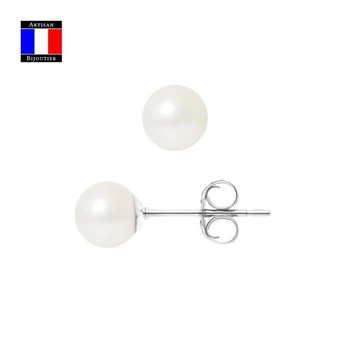 Compagnie Générale des Perles - Boucles d'Oreilles Véritable Perle de Culture 6-7 mm Or Blanc 18 Cts Système Sécurité - Bijou Femme