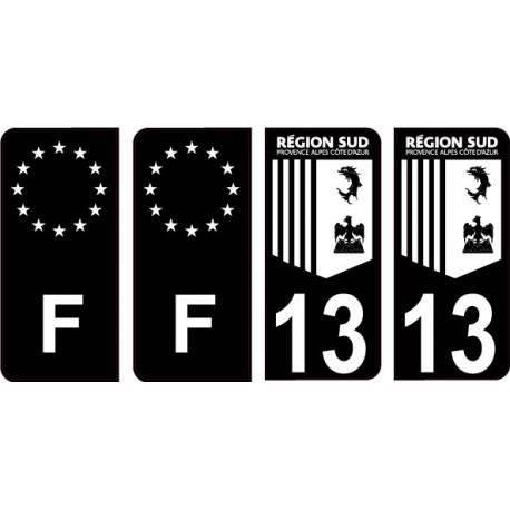 Département 13 région Sud logo noir blanc- PACA logo - F europe noir  - 4 Autocollants Stickers Auto Plaque d'immatriculation -