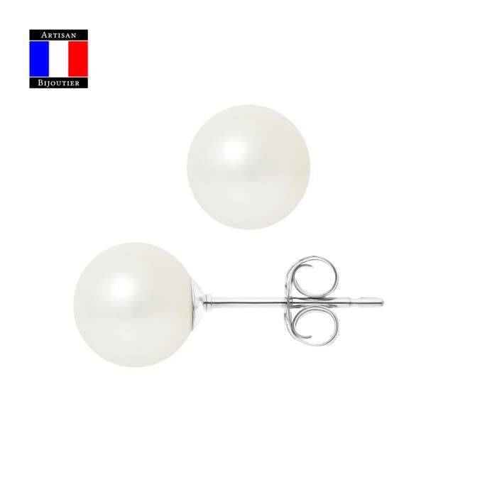 Compagnie Générale des Perles - Boucles d'Oreilles Véritable Perle de Culture 8-9 mm Or Blanc 18 Cts Système Sécurité - Bijou Femme