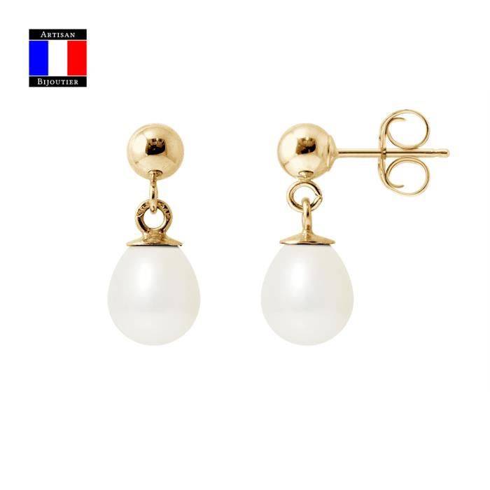 Compagnie Générale des Perles - Boucles d'Oreilles en Or et Véritables Perles de Culture 6-7 mm - Système Boule - Bijou Femme