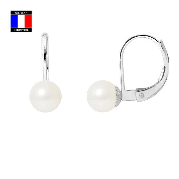 Compagnie Générale des Perles - Boucles d'Oreilles Véritable Perle de Culture 6-7 mm Or Blanc 18 Cts Système Dormeuse - Bijou Femme