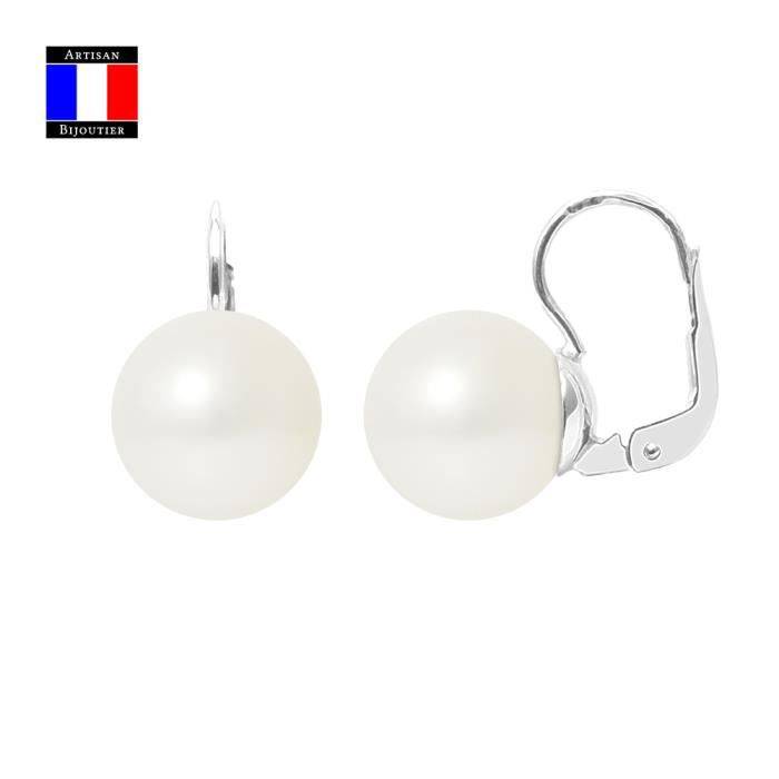 Compagnie Générale des Perles - Boucles d'Oreilles Véritable Perle de Culture 9-10 mm Or Blanc 18 Cts Système Dormeuse - Bijou Femme