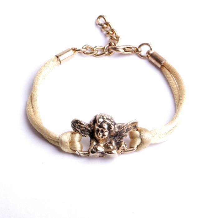 Bracelet enfants  femmes ange doré  avec cordon beige  bijou créateur atelier.