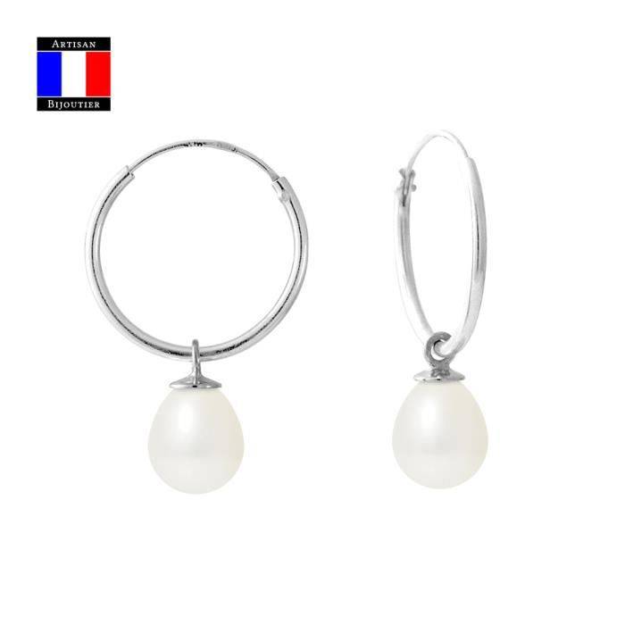 Compagnie Générale des Perles - Boucles d'Oreilles Véritables Perles de Culture 7-8 mm - Or 18 Cts - Système Créoles - Bijou Femme