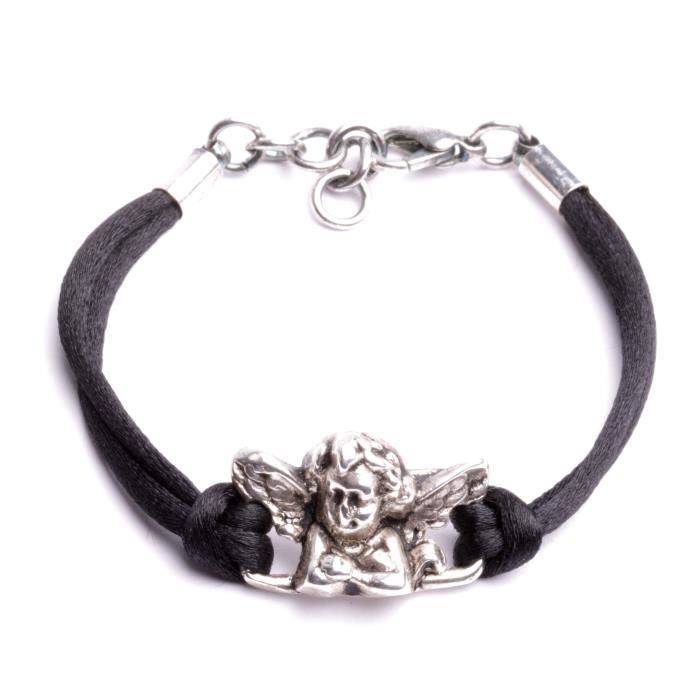 Bracelet enfants  femmes ange argenté avec cordon couleur noir  bijou créateur atelier.