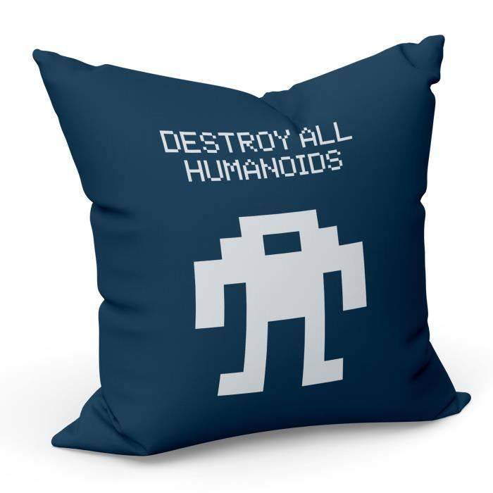 Coussin Bleu Destroy All Humanoids Pixel Art Retro Arcade Gaming Jeux Video Parodie (40x40cm)