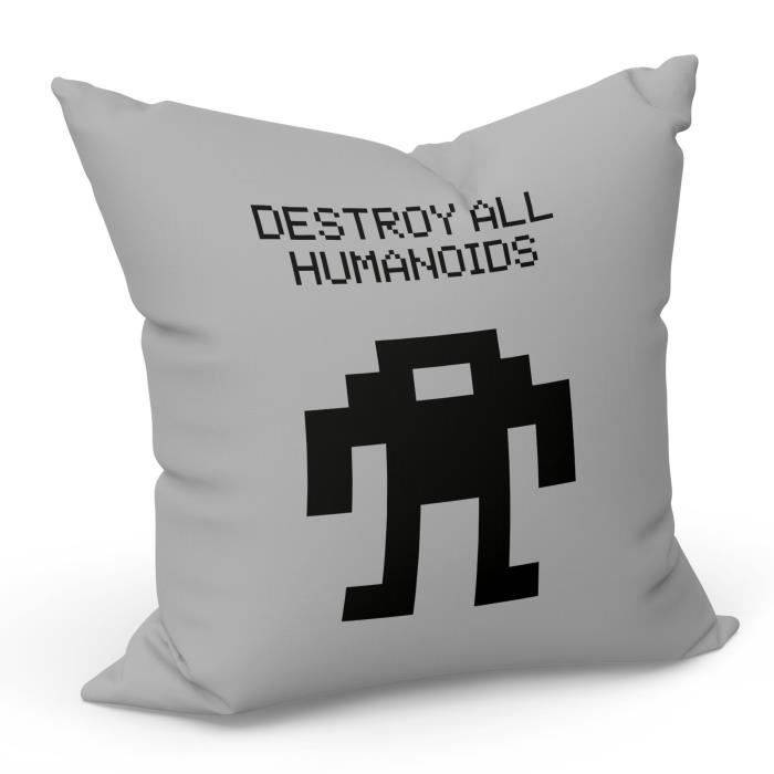 Coussin Gris Destroy All Humanoids Pixel Art Retro Arcade Gaming Jeux Video Parodie (40x40cm)