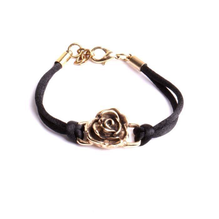 Bracelet femmes enfants fleur une rose doré satin noir  mode tendance bucolique exclusivité fabrication.