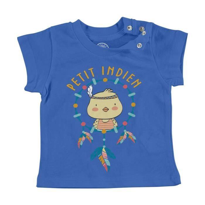 T-shirt Bébé Manche Courte Bleu Poussin le Petit Indien Dessin Illustration