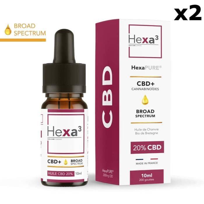 Lot de 2 Huiles CBD "Chanvre Bio" Broad Spectrum (20% / 2000mg par flacon) HexaPURE Hexa3 (sans THC)