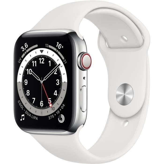 Apple Watch Series 6 GPS + Cellular - 44mm Boîtier acier Argent - Bracelet Blanc (2020) - Reconditionné - Excellent état