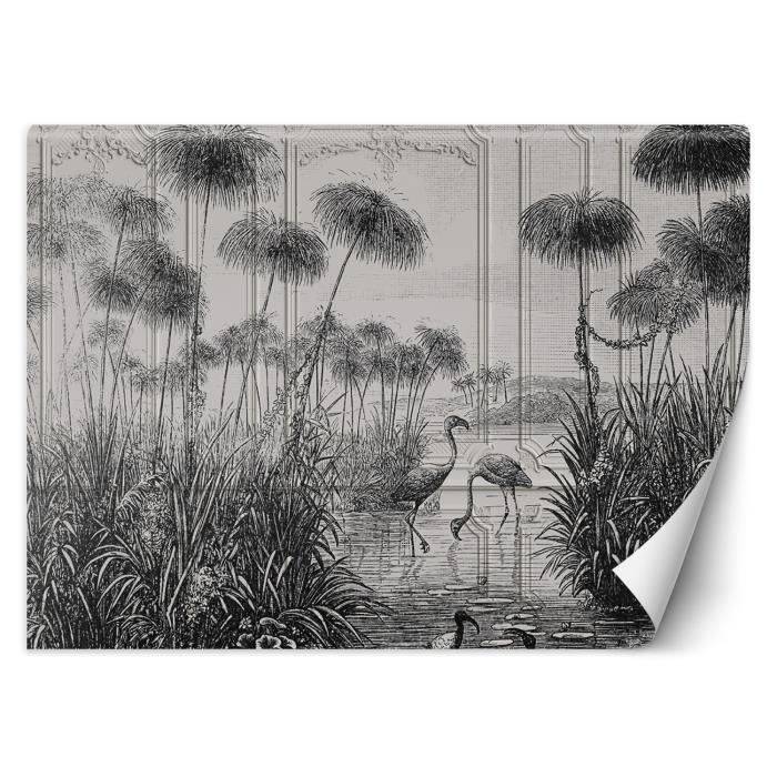 Papier Peint - Entoilage 130g/m2 - Motif  Oiseaux dans un étang - 254x184 cm - Noir et blanc - Décoration murale à coller - Feeby