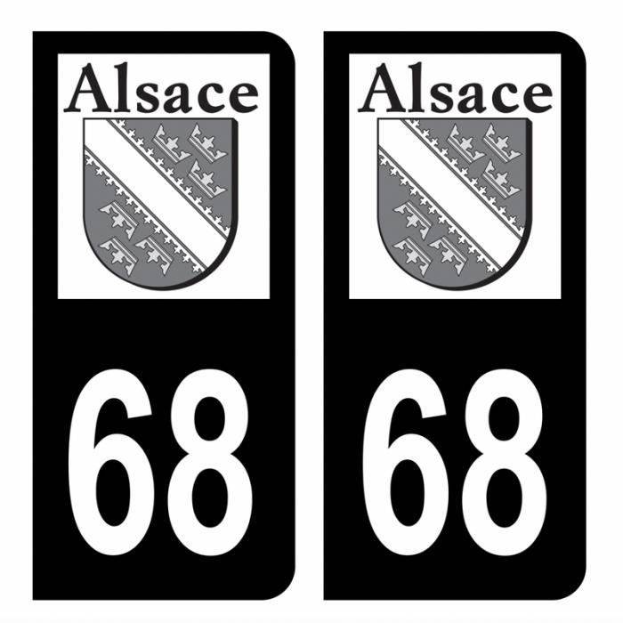 Autocollant Stickers plaque d'immatriculation voiture département 68 Haut-Rhin Logo Ancienne Région Alsace Noir