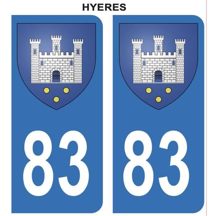 Autocollant Stickers plaque immatriculation voiture auto 83 Bleu Blason Ville Hyeres Lot de 2