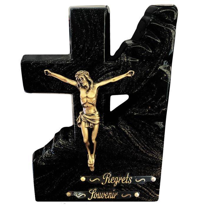 Croix Funéraire en Pierre avec Christ En Bronze