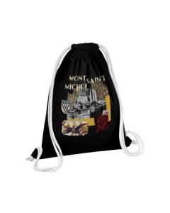 Sac de Gym en Coton Noir Mont Saint Michel Collage Normandie Village Tourisme 12 Litres