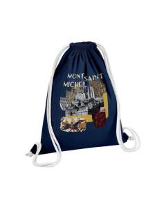 Sac de Gym en Coton Bleu Mont Saint Michel Collage Normandie Village Tourisme 12 Litres