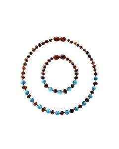 Box bracelet et collier bébé en pierres naturelles - Ambre Cognac / Turquoise bleue Marron Et Bleu