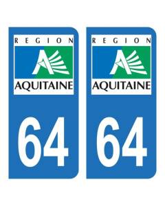 Autocollant Stickers plaque d'immatriculation voiture auto département 64 Pyrénées-Atlantiques Logo Région Aquitaine