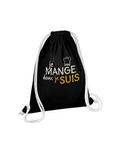 Sac de Gym en Coton Noir Je Mange donc je Suis Humour Jeu de Mot Philosophie 12 Litres