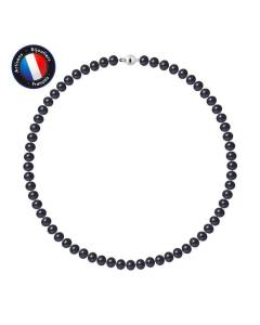 PERLINEA - Collier Perle de Culture d'Eau Douce AAA+ Semi-Ronde 7-8 mm Noire - Fermoir Boule Argent 925 Millièmes - Bijoux Femme
