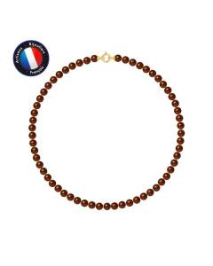 PERLINEA - Collier Perle de Culture d'Eau Douce AAA+ - Ronde 6-7 mm - Chocolat - Or Jaune - Bijoux Femme