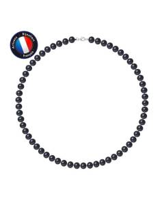 PERLINEA - Collier Perle de Culture d'Eau Douce AAA+ Semi-Ronde 7-8 mm Noire - Mousqueton - Argent 925 Millièmes - Bijoux Femme