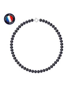 PERLINEA - Collier Perle de Culture d'Eau Douce AAA+ Semi-Ronde 8-9 mm Noire - Anneau Marin - Argent 925 Millièmes - Bijoux Femme