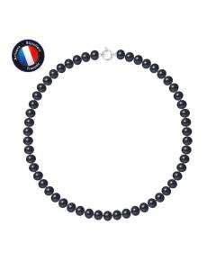 PERLINEA - Collier Perle de Culture d'Eau Douce AAA+ Semi-Ronde 9-10 mm Noire - Anneau Marin - Argent 925 Millièmes - Bijoux Femme