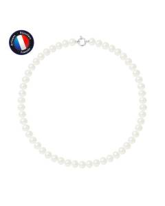 PERLINEA - Collier Perle de Culture d'Eau Douce AAA+ Semi-Ronde 9-10 mm Blanc - Anneau Marin Argent 925 Millièmes - Bijoux Femme