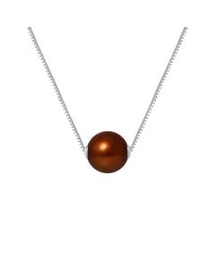PERLINEA - Collier Perle de Culture d'Eau Douce AAA+ Ronde 9-10 mm - Chocolat - Vénitienne Argent 925 Millièmes - Bijoux Femme