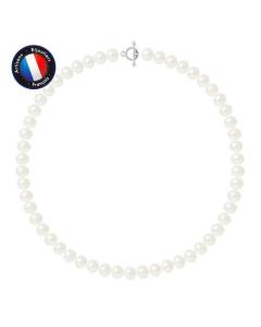 PERLINEA - Collier Perle de Culture d'Eau Douce AAA+ Semi-Ronde 9-10 mm Blanc - Fermoir en T Argent 925 Millièmes - Bijoux Femme