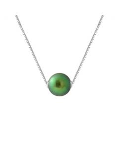 PERLINEA - Collier Perle de Culture d'Eau Douce AAA+ Ronde 9-10 mm - Vert Intense - Vénitienne Argent 925 Millièmes - Bijoux Femme