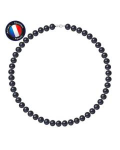 PERLINEA - Collier Perle de Culture d'Eau Douce AAA+ Semi-Ronde 9-10 mm Noire - Mousqueton - Argent 925 Millièmes - Bijoux Femme