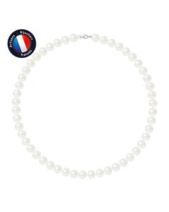 PERLINEA - Collier Perle de Culture d'Eau Douce AAA+  Semi-Ronde 9-10 mm Blanc - Mousqueton Argent 925 Millièmes - Bijoux Femme