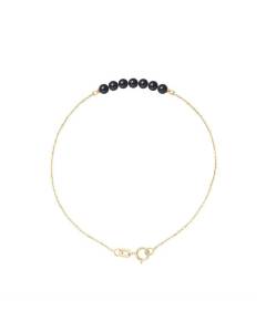 PERLINEA - Bracelet 7 Véritables Perles de Culture d'Eau Douce Rondes 3-4 mm Black Tahiti - Or Jaune - Bijoux Femme