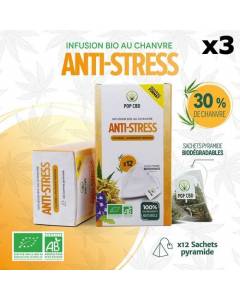 Lot de 3 boîtes d'Infusions Bio "ANTI-STRESS" en Sachets individuels (3x12), au Chanvre CBD (30%)