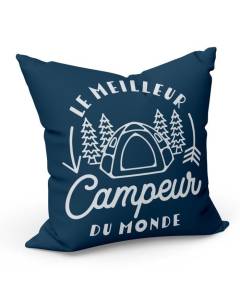 Coussin Bleu Le Meilleur Campeur du Monde Vacances Voyage Camping Nature Montagne Foret (40x40cm)