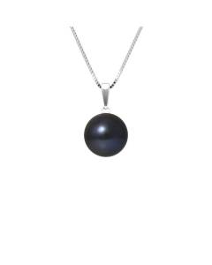 PERLINEA - Collier Perle de Culture d'Eau Douce AAA+ - Bouton 9-10 mm - Noire - Argent 925 Millièmes - Bijoux Femme