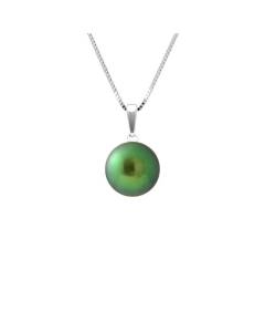 PERLINEA - Collier Perle de Culture d'Eau Douce AAA+ - Bouton 9-10 mm - Vert Intense - Argent 925 Millièmes - Bijoux Femme