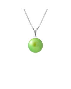 PERLINEA - Collier Perle de Culture d'Eau Douce AAA+ - Bouton 9-10 mm - Vert Tonic - Argent 925 Millièmes - Bijoux Femme