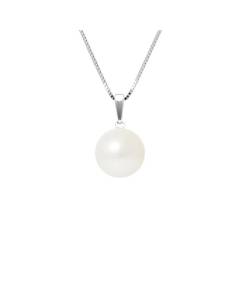 PERLINEA - Collier Perle de Culture d'Eau Douce AAA+ - Bouton 9-10 mm - Blanc Naturel - Argent 925 Millièmes - Bijoux Femme