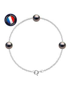PERLINEA - Bracelet 3 Véritables Perles de Culture de Tahiti Rondes 8-9 mm - Argent 925 Millièmes - Bijoux Femme