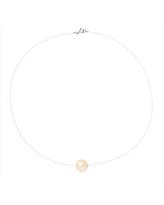 PERLINEA - Collier Perle de Culture d'Eau Douce AAA+ Ronde 9-10 mm Rose Naturel - Argent 925 Millièmes - Nylon - Bijoux Femme