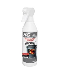 HG nettoyant pour vitres d’insert, 500 ml, Pulvérisateur, Vitre d'insert, Spray HG stove glass cleaner on the surface.
