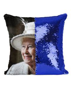 Coussin avec Housse Sequin - Paillettes Bleu Queen Elisabeth II Tunique Blanche Reine d'Angleterre 2020